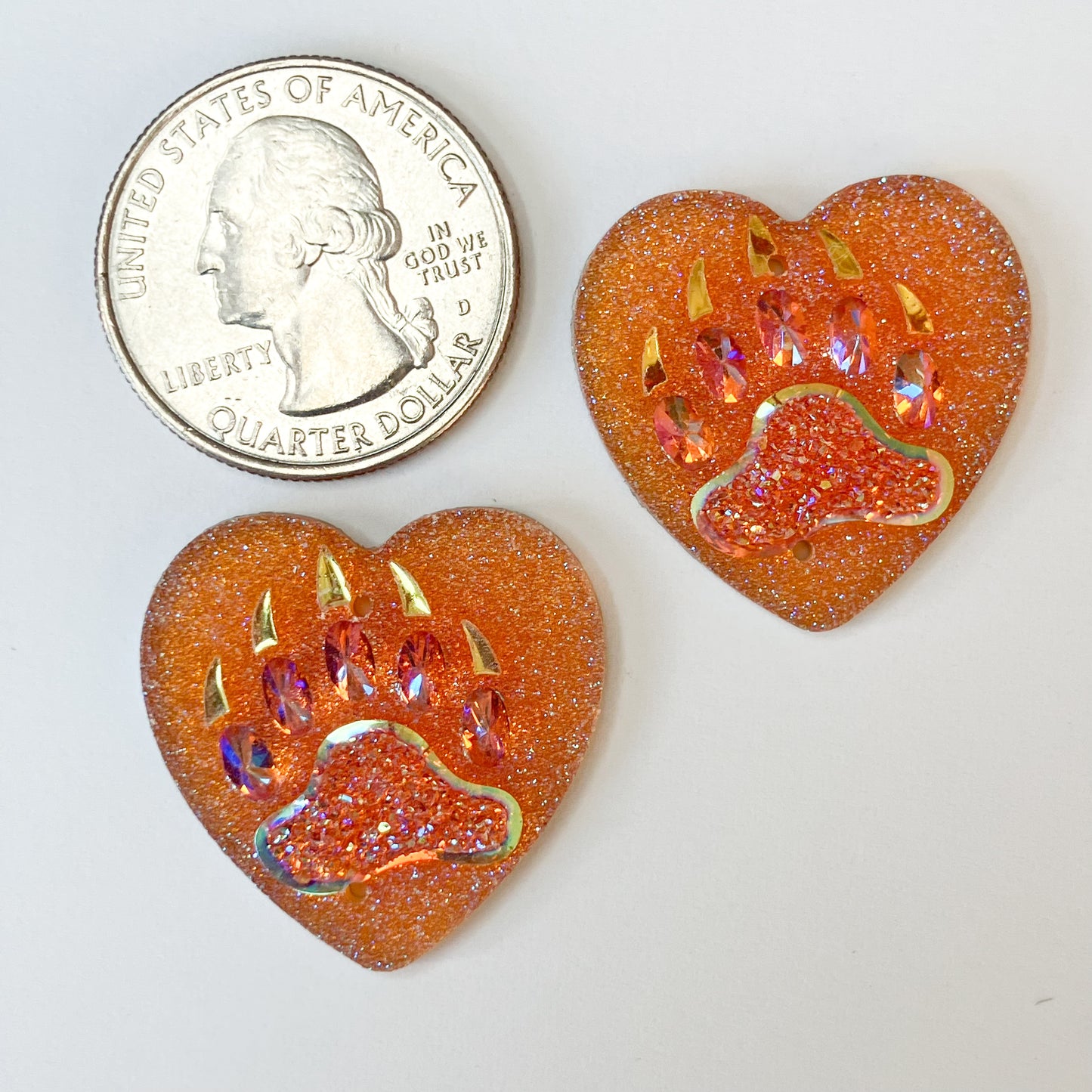 Orange Heart-Shaped Bear Claw Resin Centers - Set of 2