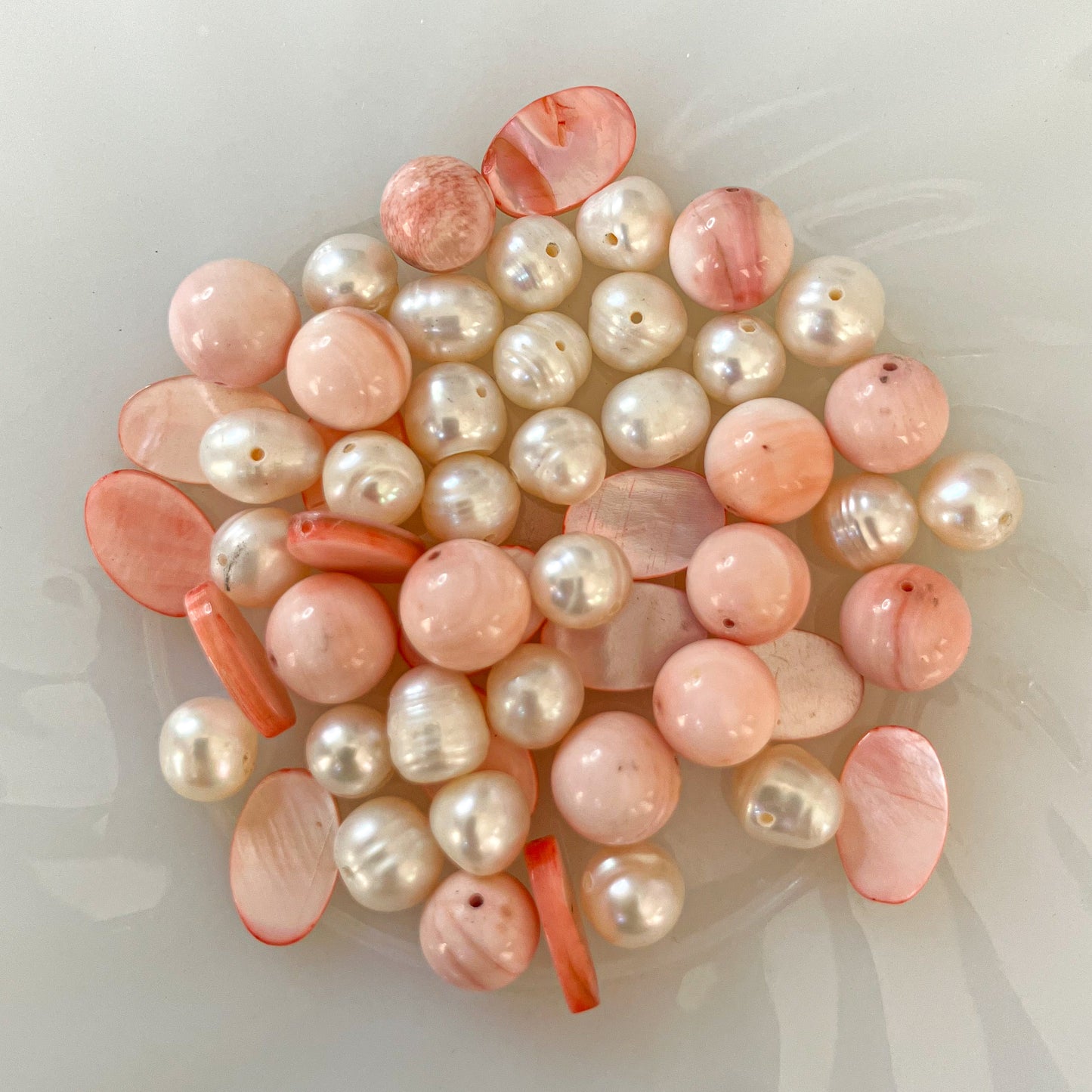 Set of 45 Beads – Pink Shell, White Pearls & Glass Mix for Bracelet Making