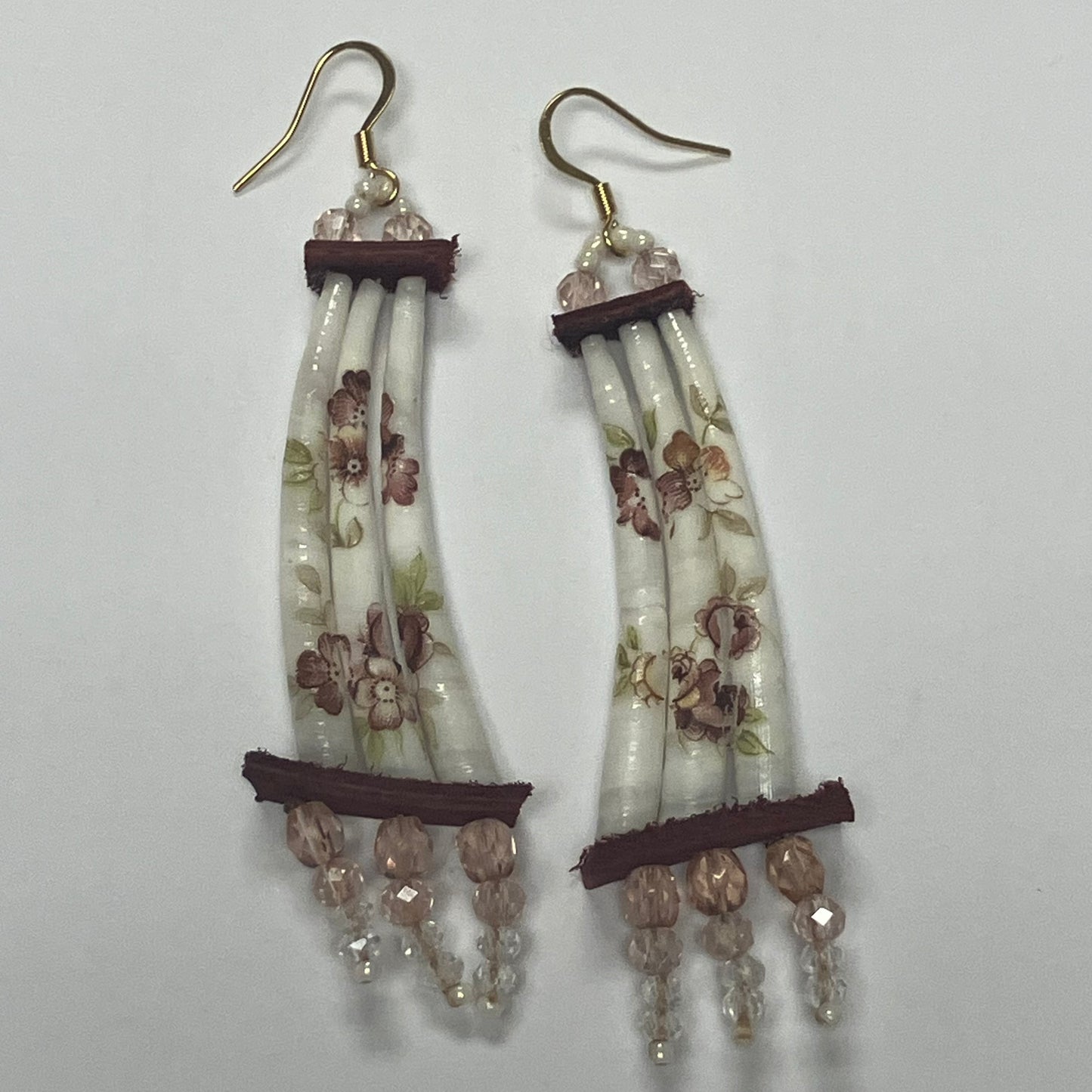 Handcrafted Dentalium Earrings - Pink Flowers w/ pink accents