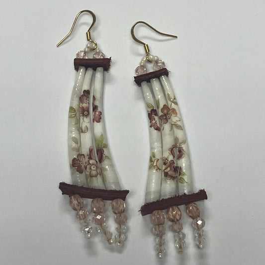 Handcrafted Dentalium Earrings - Pink Flowers w/ pink accents