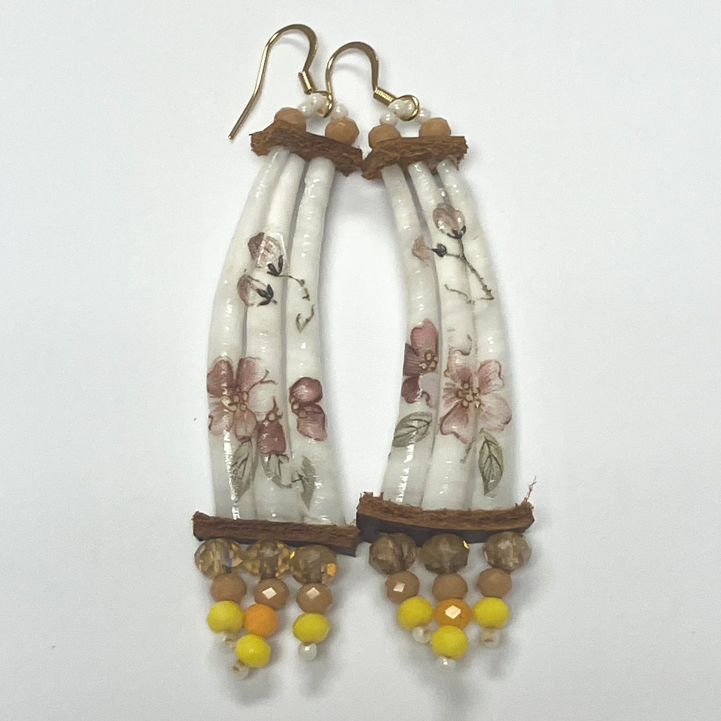 Handcrafted Dentalium Earrings - Pink Flowers w/ yellow accents