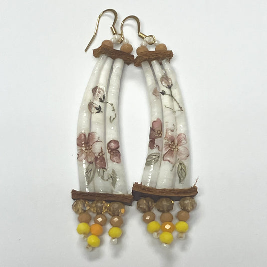 Handcrafted Dentalium Earrings - Pink Flowers w/ yellow accents