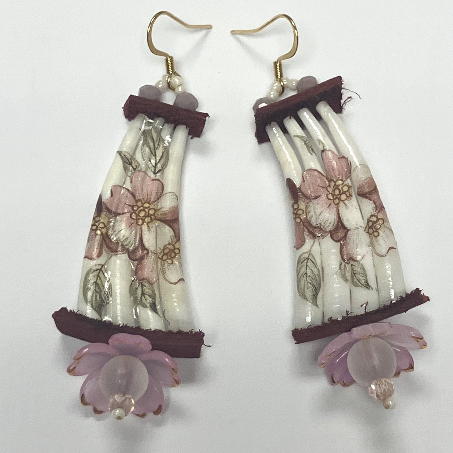 Handcrafted Dentalium Earrings - Pink Flowers w/ pink flower