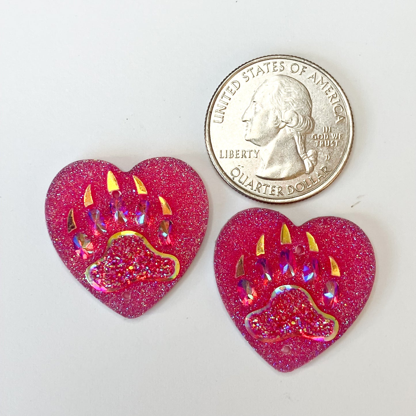 Pink Heart-Shaped Bear Claw Resin Centers - Set of 2