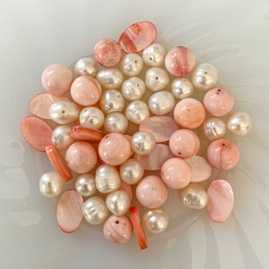 Set of 45 Beads – Pink Shell, White Pearls & Glass Mix for Bracelet Making