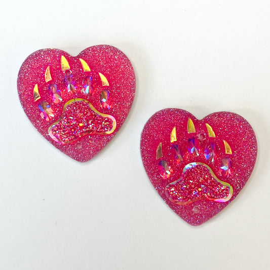 Pink Heart-Shaped Bear Claw Resin Centers - Set of 2