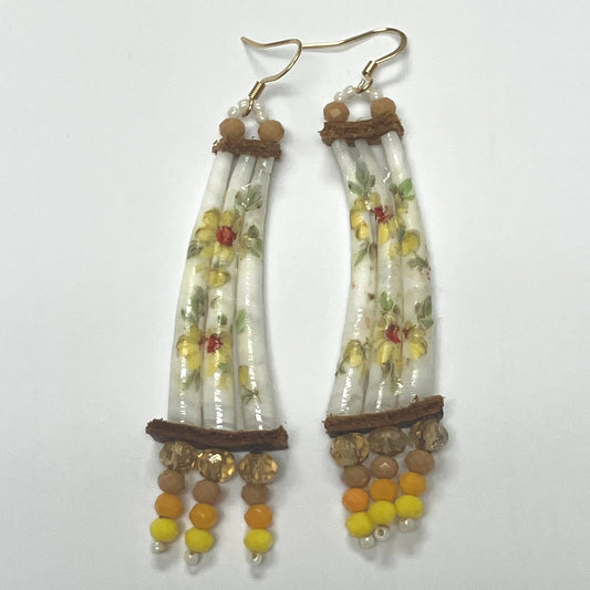 Handcrafted Dentalium Earrings - Yellow Flowers w/ yellow accents