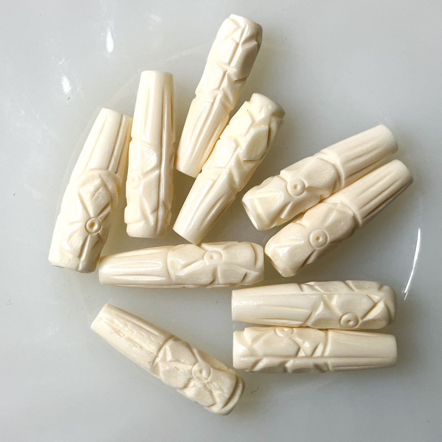 Set of 10 Carved Bone Beads with Floral Design