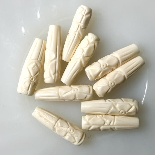 Set of 10 Carved Bone Beads with Floral Design