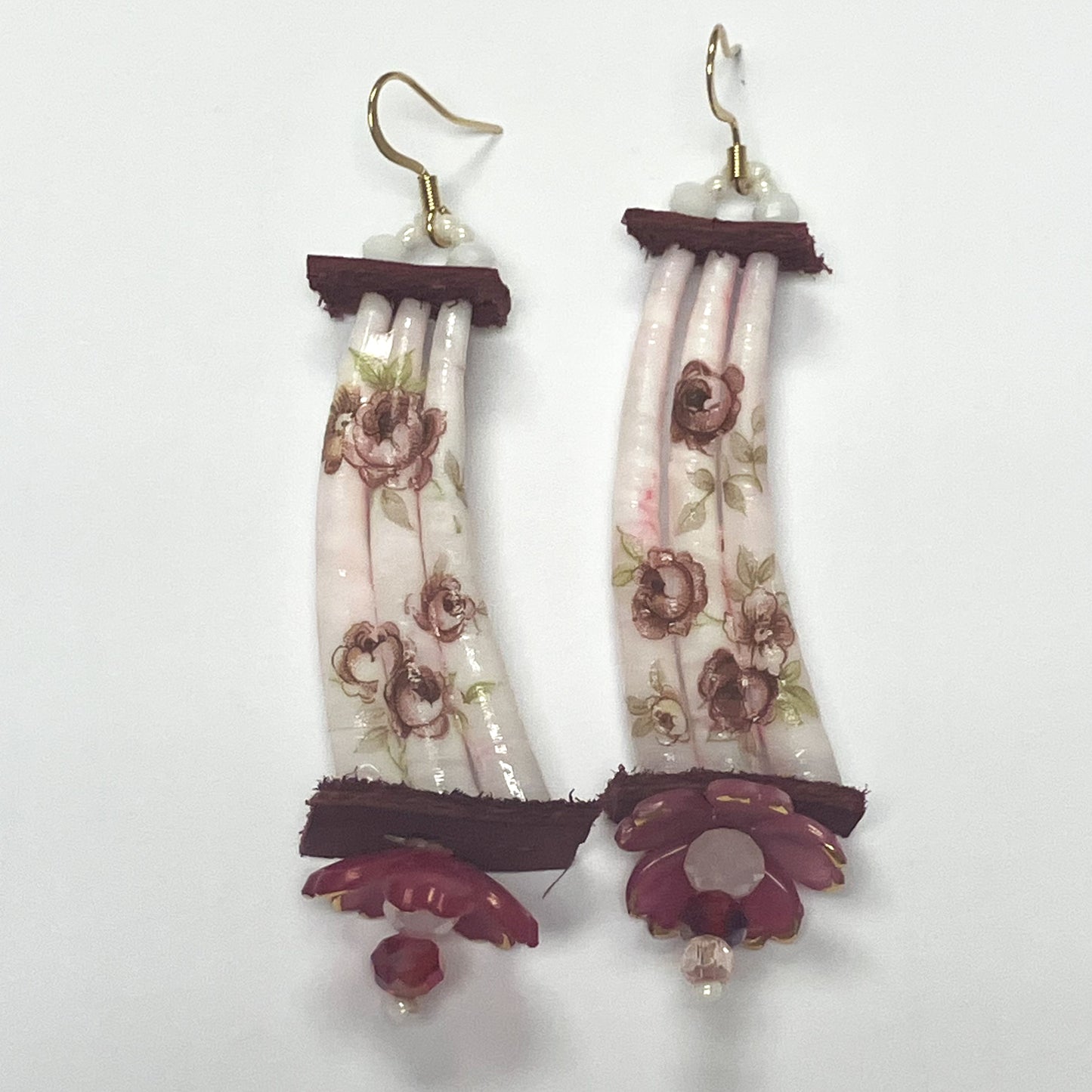 Handcrafted Dentalium Earrings - Pink Flowers w/ pink flower