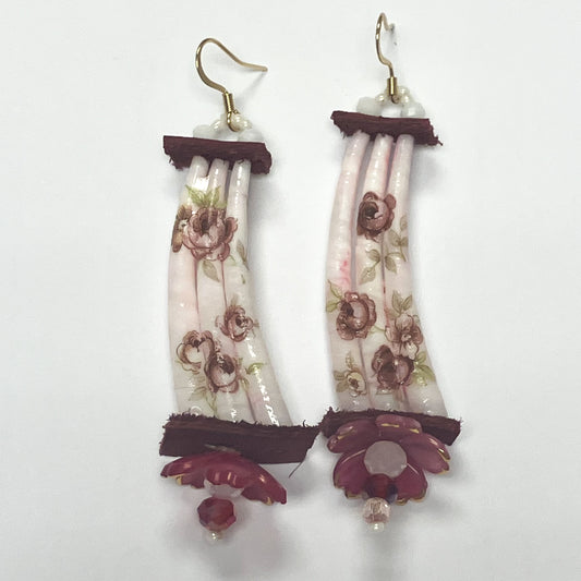 Handcrafted Dentalium Earrings - Pink Flowers w/ pink flower