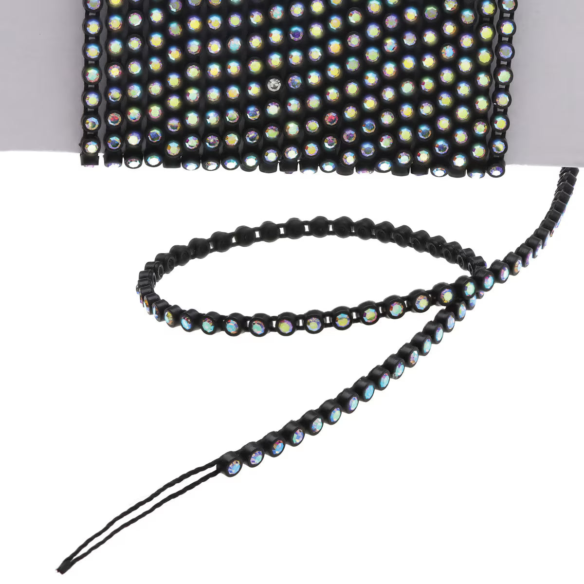 Plastic Rhinestone Banding – Black with Crystal AB, SS6 (Sold by the Yard)